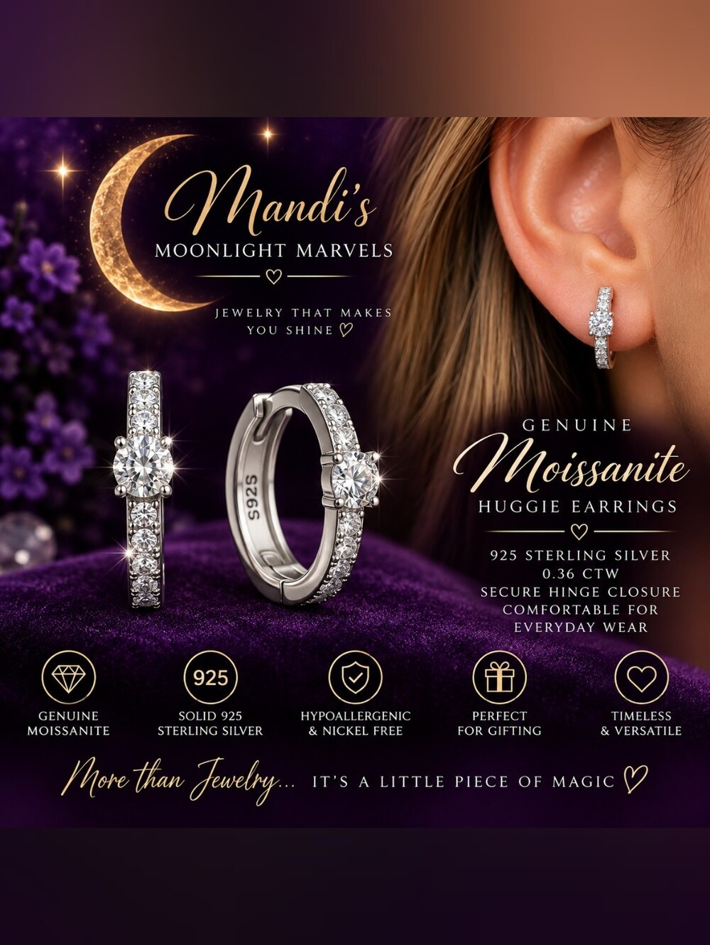 White Moissanite Huggie Earrings